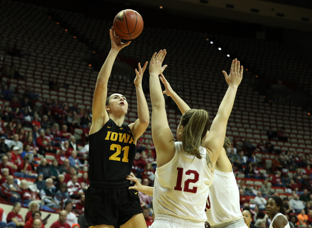 Iowa Hawkeyes forward Hannah Stewart (21) against the Indiana Hoosiers Thursday, February 21, 2019 at Simon Skjodt Assembly Hall. (Brian Ray/hawkeyesports.com)