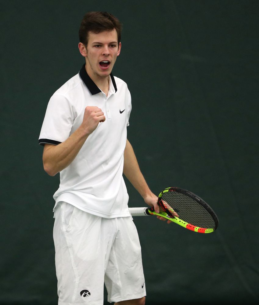 Iowa's Piotr Smietana against North Dakota Friday, January 25, 2019 at the Hawkeye Tennis and Recreation Complex. (Brian Ray/hawkeyesports.com)