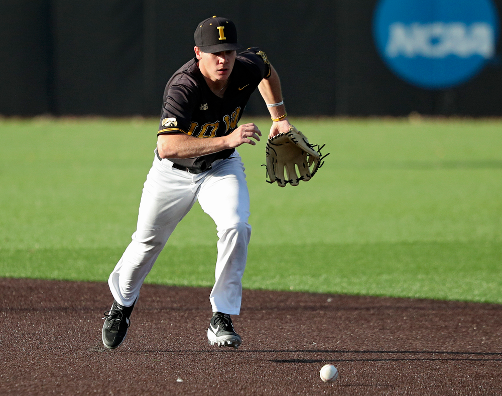 Iowa infielder Sam Link (3) tracks down the ball after knocking down a line drive during the fourth inning of the first game of the Black and Gold Fall World Series at Duane Banks Field in Iowa City on Tuesday, Oct 15, 2019. (Stephen Mally/hawkeyesports.com)