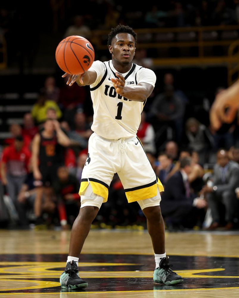 Iowa Hawkeyes guard Joe Toussaint (1) against the Maryland Terrapins Friday, January 10, 2020 at Carver-Hawkeye Arena. (Brian Ray/hawkeyesports.com)