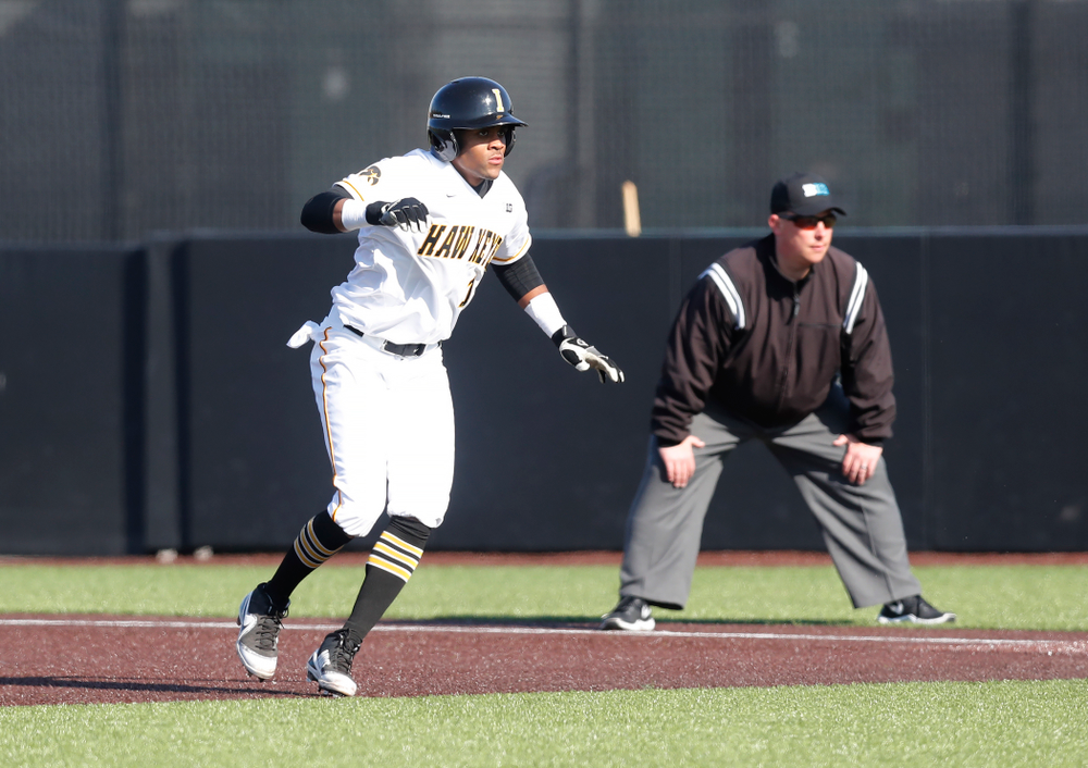 Iowa Hawkeyes third baseman Lorenzo Elion (1) against Northern Illinois Tuesday, April 17, 2018 at Duane Banks Field. (Brian Ray/hawkeyesports.com)