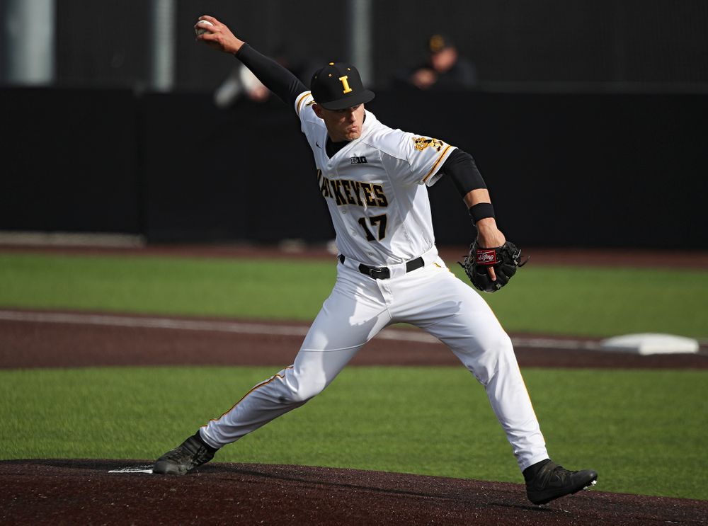 Iowa pitcher Dylan Nedved (17) delivers to the plate during the eighth inning of their college baseball game at Duane Banks Field in Iowa City on Wednesday, March 11, 2020. (Stephen Mally/hawkeyesports.com)