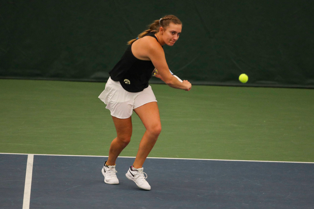 IowaÕs Ashleigh Jacobs at womenÕs tennis senior day vs Nebraska on Saturday, April 13, 2019 at the Hawkeye Tennis and Recreation Complex. (Lily Smith/hawkeyesports.com)
