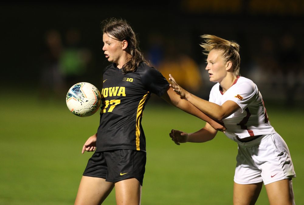 Iowa Hawkeyes forward Samantha Tawharu (27) during a 2-1 victory over the Iowa State Cyclones Thursday, August 29, 2019 in the Iowa Corn Cy-Hawk series at the Iowa Soccer Complex. (Brian Ray/hawkeyesports.com)