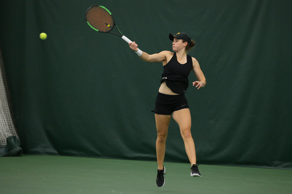 Iowa’s Elise van Heuvelen Treadwell returns a hit during the Iowa women’s tennis meet vs UNI on Saturday, February 29, 2020 at the Hawkeye Tennis and Recreation Complex. (Lily Smith/hawkeyesports.com)