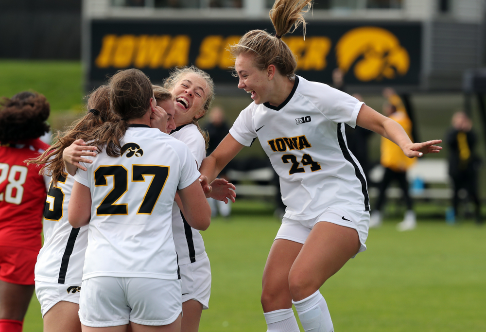 Iowa Hawkeyes defender Sara Wheaton (24) celebrates a goal against the Maryland Terrapins Sunday, October 13, 2019 on senior day. (Brian Ray/hawkeyesports.com)