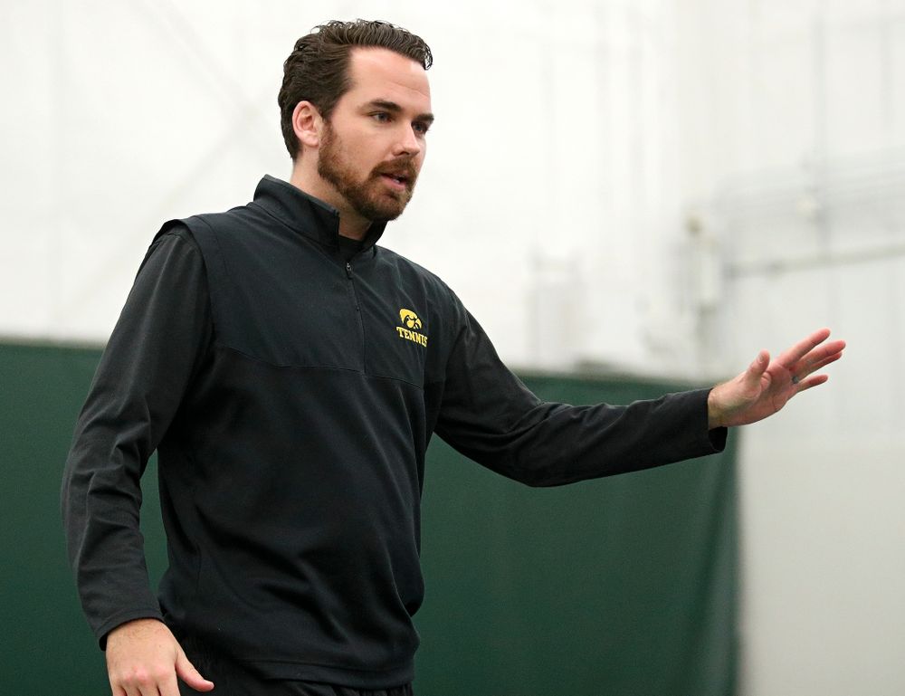Iowa’s Mellecker Family head men’s tennis coach Ross Wilson talks during their match against Marquette at the Hawkeye Tennis and Recreation Complex in Iowa City on Saturday, January 25, 2020. (Stephen Mally/hawkeyesports.com)