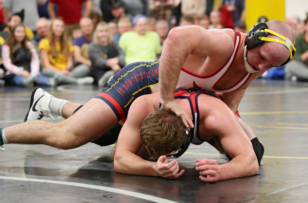 Iowa’s Alex Marinelli (top) works on top of Joe Kelly during their preseason match at the Dan Gable Wrestling Complex at Carver-Hawkeye Arena in Iowa City on Friday, Nov 8, 2019. (Stephen Mally/hawkeyesports.com)