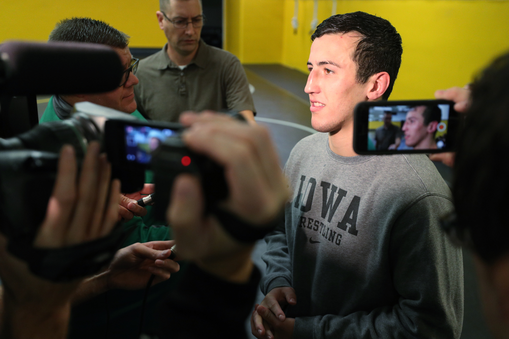 Iowa Hawkeyes All American Michael Kemerer addresses the media during the team's annual media day Monday, November 5, 2018 at Carver-Hawkeye Arena. (Brian Ray/hawkeyesports.com)