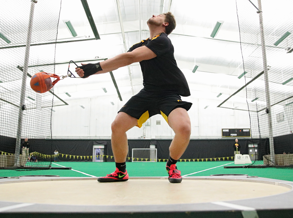 Iowa’s Jordan Hawkins throws during the men’s weight throw event at the Hawkeye Tennis and Recreation Complex in Iowa City on Friday, January 31, 2020. (Stephen Mally/hawkeyesports.com)
