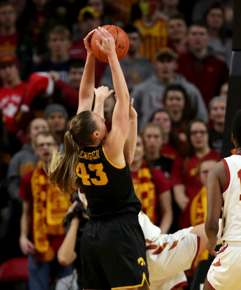 Iowa Hawkeyes forward Amanda Ollinger (43) against the Iowa State Cyclones Wednesday, December 11, 2019 at Hilton Coliseum in Ames, Iowa(Brian Ray/hawkeyesports.com)