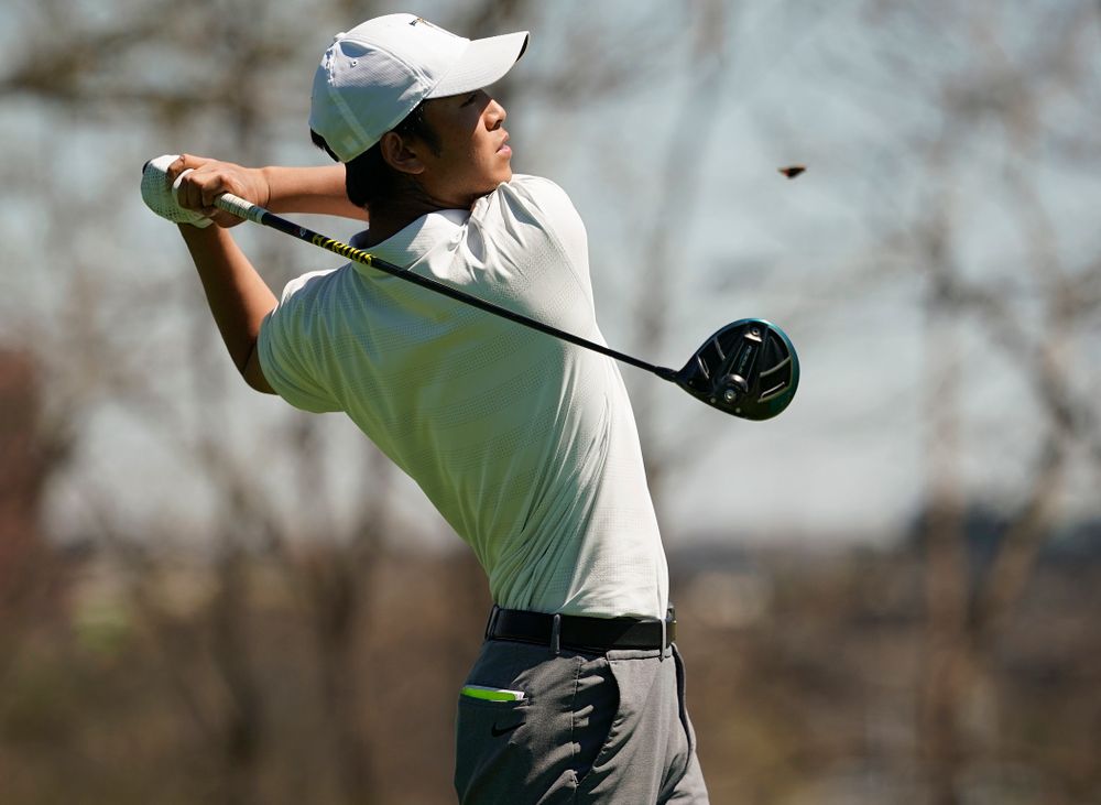 Iowa's Joe Kim tees off during the first round of the Hawkeye Invitational at Finkbine Golf Course in Iowa City on Saturday, Apr. 20, 2019. (Stephen Mally/hawkeyesports.com)