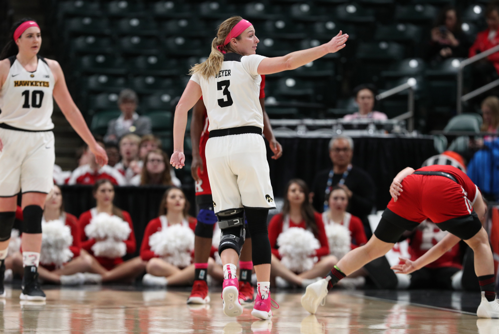 Iowa Hawkeyes guard Makenzie Meyer (3) against the Rutgers Scarlet Knights in the semi-finals of the Big Ten Tournament Saturday, March 9, 2019 at Bankers Life Fieldhouse in Indianapolis, Ind. (Brian Ray/hawkeyesports.com)