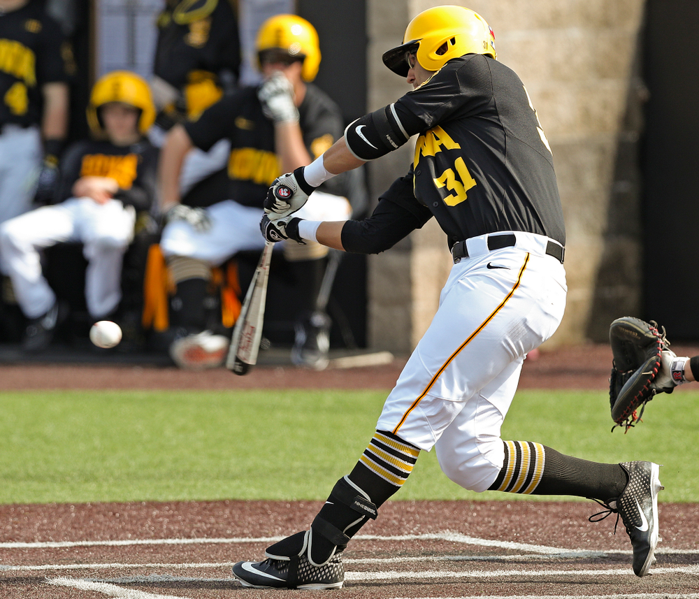 Iowa Hawkeyes third baseman Matthew Sosa (31) bats during the fourth inning of their game against Rutgers at Duane Banks Field in Iowa City on Saturday, Apr. 6, 2019. (Stephen Mally/hawkeyesports.com)