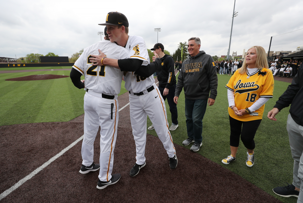 Iowa Hawkeyes Shane Ritter (18) during senior day festivities before their game against Michigan State Sunday, May 12, 2019 at Duane Banks Field. (Brian Ray/hawkeyesports.com)