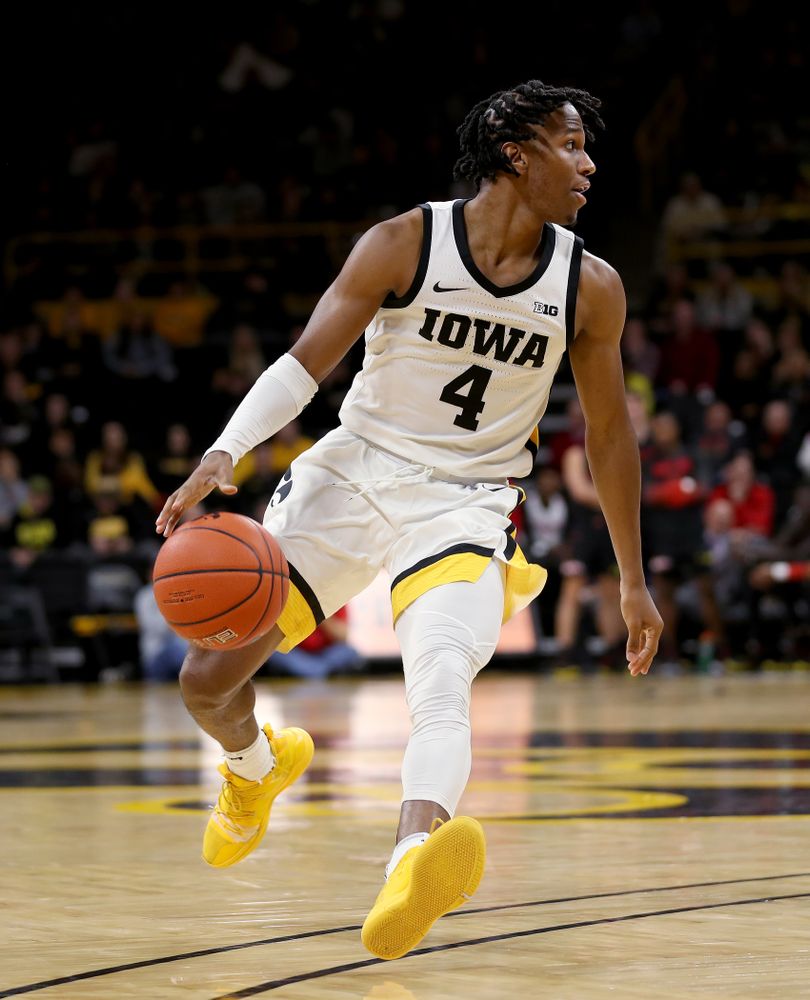 Iowa Hawkeyes guard Bakari Evelyn (4) against the Maryland Terrapins Friday, January 10, 2020 at Carver-Hawkeye Arena. (Brian Ray/hawkeyesports.com)