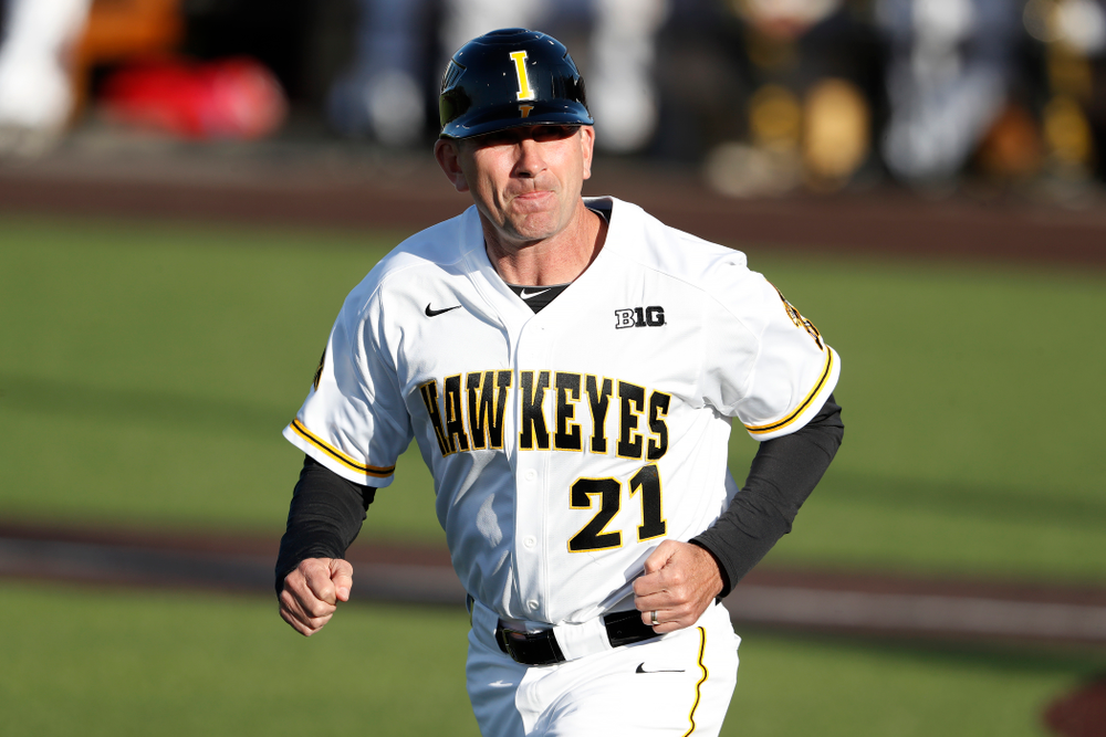 Iowa Hawkeyes head coach Rick Heller against the Michigan Wolverines Friday, April 27, 2018 at Duane Banks Field in Iowa City. (Brian Ray/hawkeyesports.com)