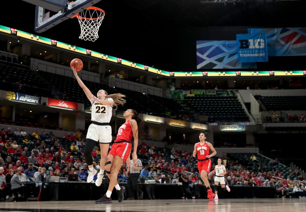 Iowa Hawkeyes guard Kathleen Doyle (22) against Ohio State in the quarterfinals of the Big Ten Basketball Tournament Friday, March 6, 2020 at Bankers Life Fieldhouse in Indianapolis. (Brian Ray/hawkeyesports.com)