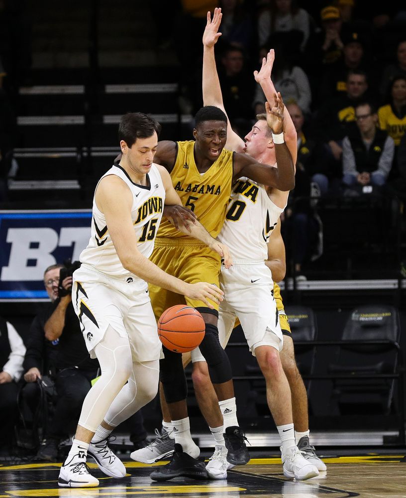 Iowa Hawkeyes forward Ryan Kriener (15) grabs a rebound during a game against Alabama State at Carver-Hawkeye Arena on November 21, 2018. (Tork Mason/hawkeyesports.com)