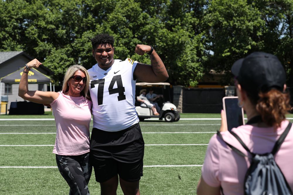 Iowa Hawkeyes offensive lineman Tristan Wirfs (74) during the 2019 Iowa Ladies Football Academy Saturday, June 8, 2019 at the Hansen Football Performance Center. (Brian Ray/hawkeyesports.com)