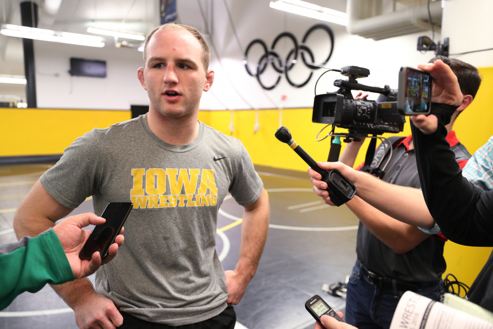 Iowa Hawkeyes All American Alex Marinelli addresses the media during the team's annual media day Monday, November 5, 2018 at Carver-Hawkeye Arena. (Brian Ray/hawkeyesports.com)