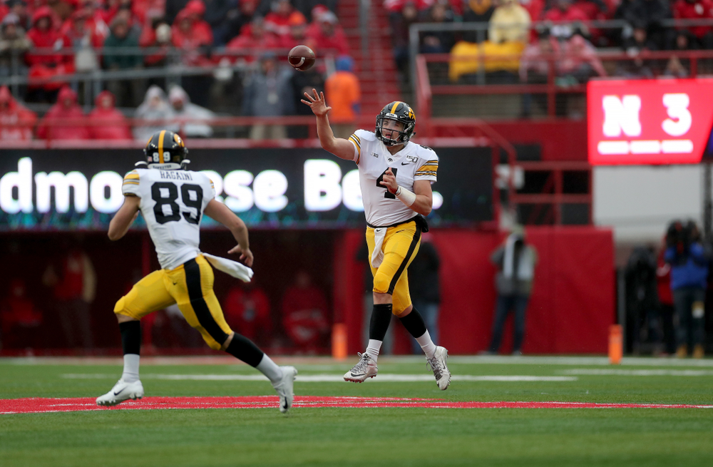 Iowa Hawkeyes quarterback Nate Stanley (4) against the Nebraska Cornhuskers Friday, November 29, 2019 at Memorial Stadium in Lincoln, Neb. (Brian Ray/hawkeyesports.com)