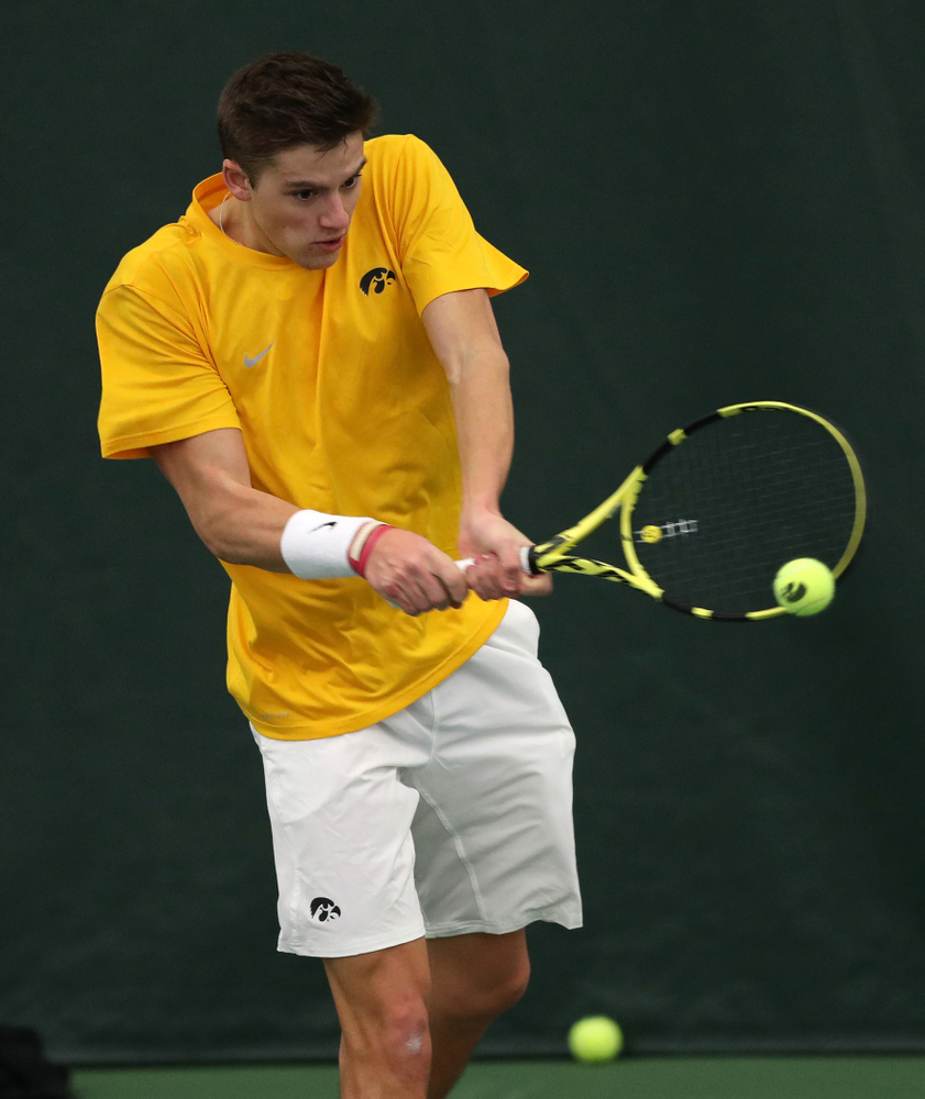 Joe Tyler against Utah Sunday, February 10, 2019 at the Hawkeye Tennis and Recreation Complex. (Brian Ray/hawkeyesports.com)