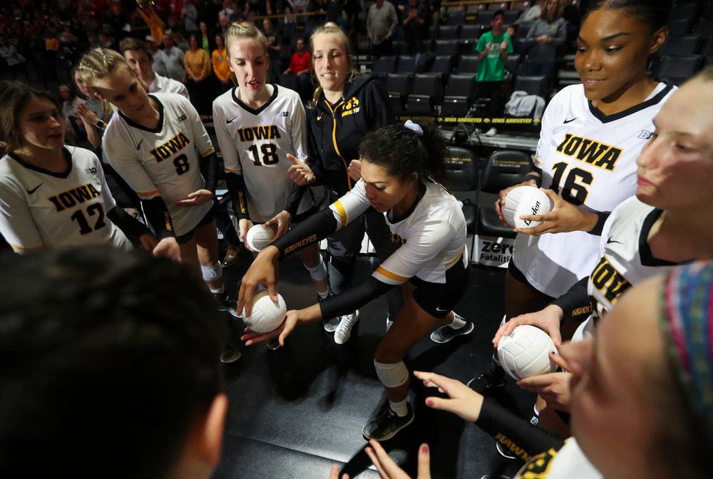 Iowa Hawkeyes setter Brie Orr (7) is introduced before a match against Nebraska at Carver-Hawkeye Arena on November 7, 2018. (Tork Mason/hawkeyesports.com)