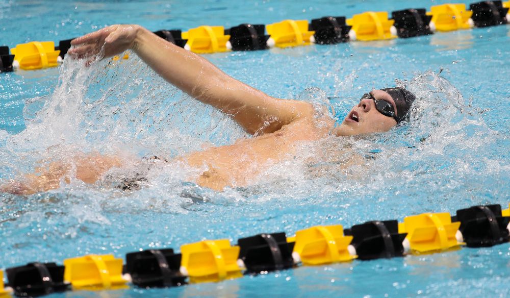Iowa's Forrest White competes in the 200-yard backstroke during a meet against Michigan and Denver at the Campus Recreation and Wellness Center on November 3, 2018. (Tork Mason/hawkeyesports.com)