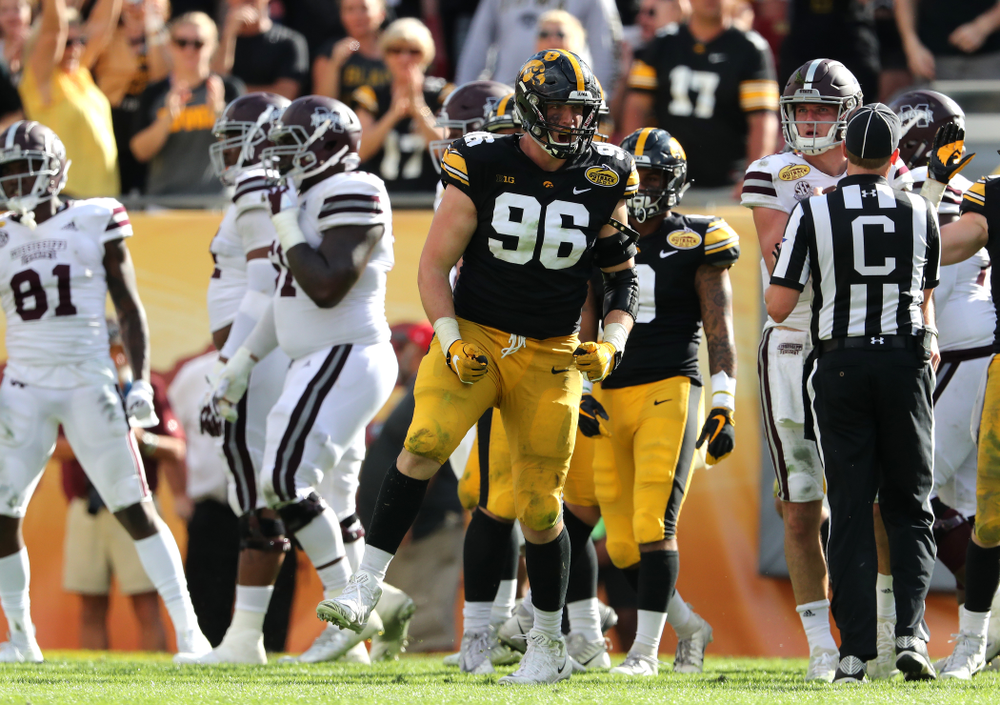 Iowa Hawkeyes defensive end Matt Nelson (96) during their Outback Bowl Tuesday, January 1, 2019 at Raymond James Stadium in Tampa, FL. (Brian Ray/hawkeyesports.com)