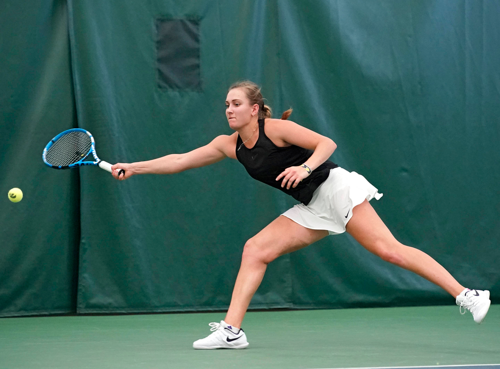 Iowa's Ashleigh Jacobs plays a match against Indiana at the Hawkeye Tennis and Recreation Complex in Iowa City on Sunday, Mar. 31, 2019. (Stephen Mally/hawkeyesports.com)