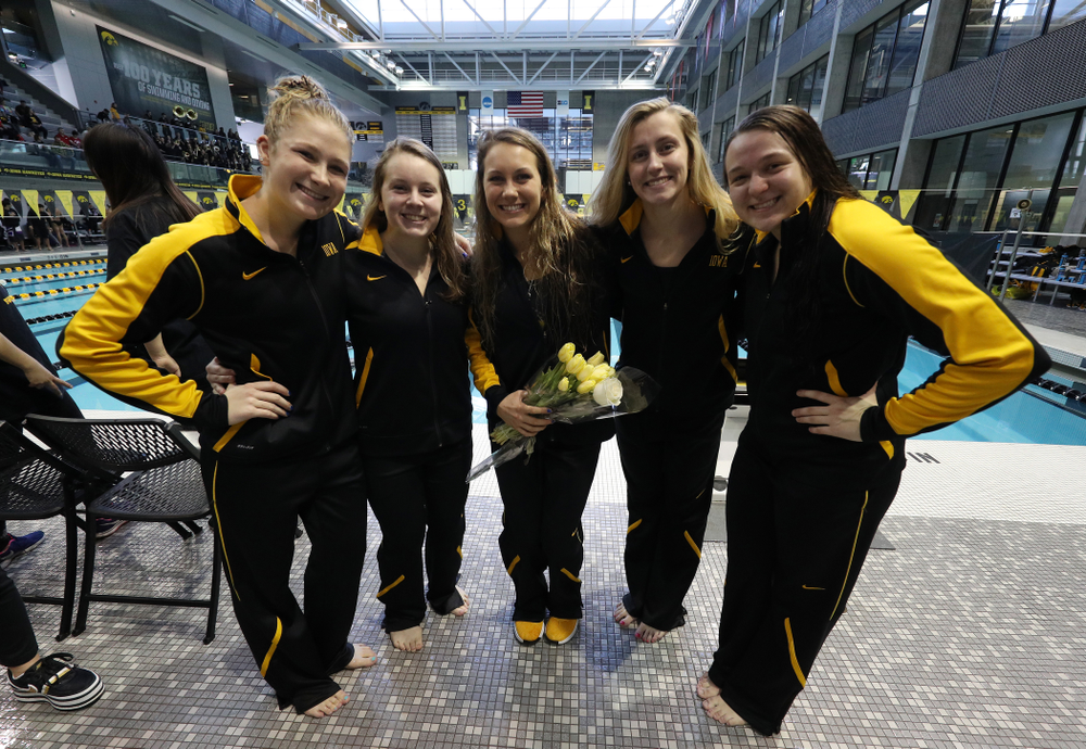 Abbey Schneider, Katie McGovern, Devin Jacobs, Kelly McNamara and Jacintha Thomas during a double dual against Wisconsin and Northwestern Saturday, January 19, 2019 at the Campus Recreation and Wellness Center. (Brian Ray/hawkeyesports.com)