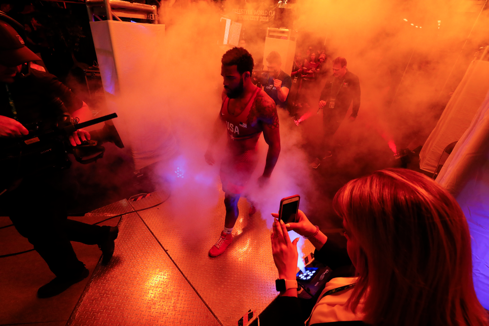 Jordan Burroughs during the gold medal match of the United World Wrestling Freestyle World Cup against Azerbaijan Sunday, April 8, 2018 at Carver-Hawkeye Arena. (Brian Ray/hawkeyesports.com)
