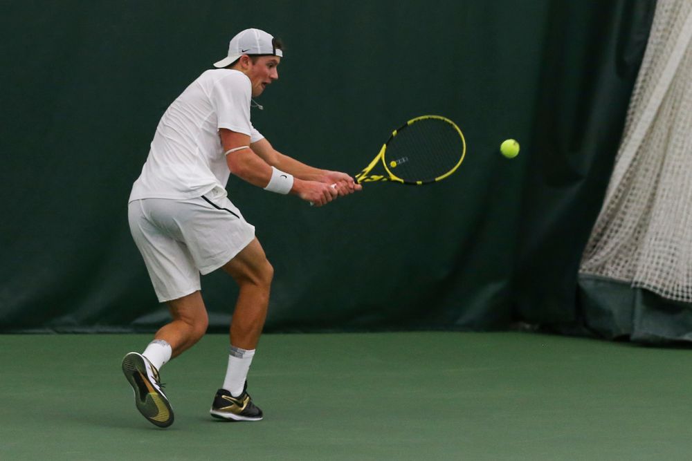 Iowa’s Joe Tyler hits a forehand during the Iowa men’s tennis match vs Western Michigan on Saturday, January 18, 2020 at the Hawkeye Tennis and Recreation Complex. (Lily Smith/hawkeyesports.com)