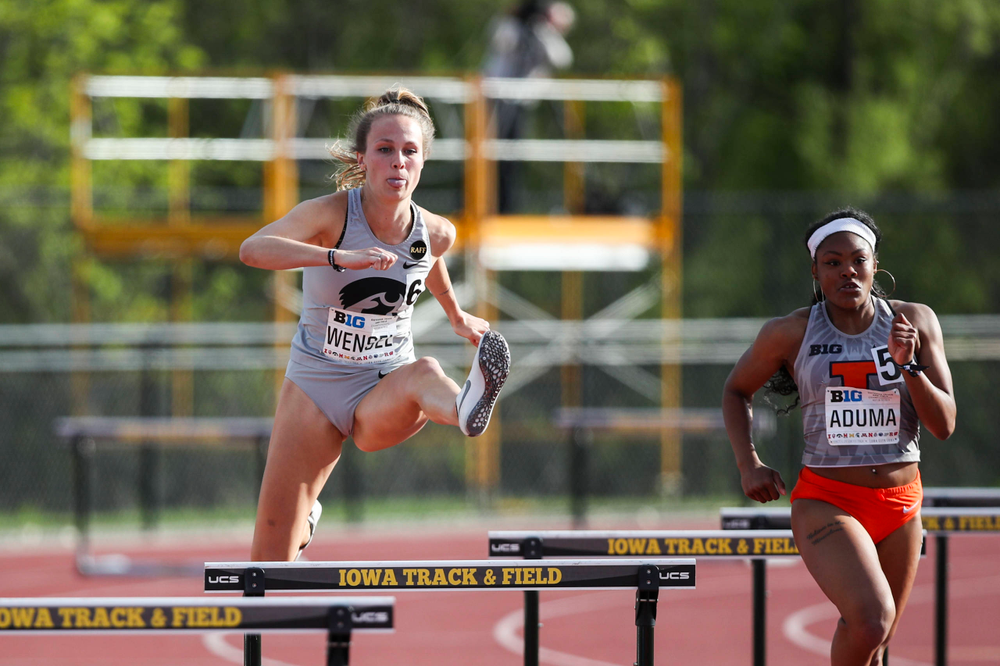 Iowa's Payton Wensel hurdles during the women's 400-meter hurdles at the Big Ten Outdoor Track and Field Championships at Francis X. Cretzmeyer Track on Friday, May 10, 2019. (Lily Smith/hawkeyesports.com)