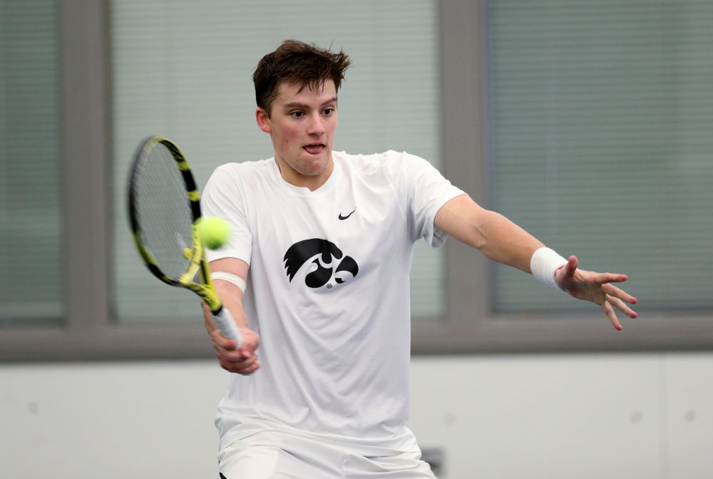 Iowa’s Joe Tyler against Cornell Sunday, March 8, 2020 at the Hawkeye Tennis and Recreation Center. (Brian Ray/hawkeyesports.com)