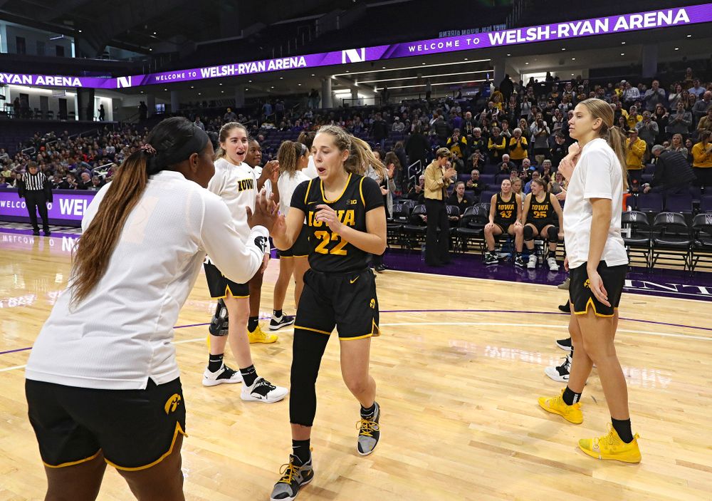 Iowa Hawkeyes guard Kathleen Doyle (22) is introduced before their game at Welsh-Ryan Arena in Evanston, Ill. on Sunday, January 5, 2020. (Stephen Mally/hawkeyesports.com)