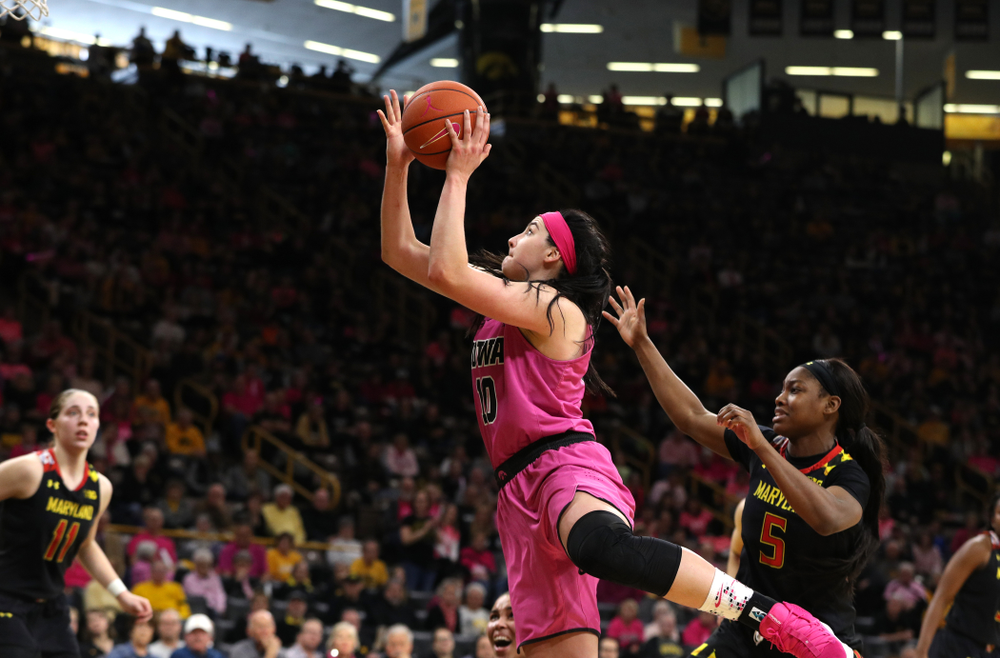 Iowa Hawkeyes forward Megan Gustafson (10) against the seventh ranked Maryland Terrapins Sunday, February 17, 2019 at Carver-Hawkeye Arena. (Brian Ray/hawkeyesports.com)