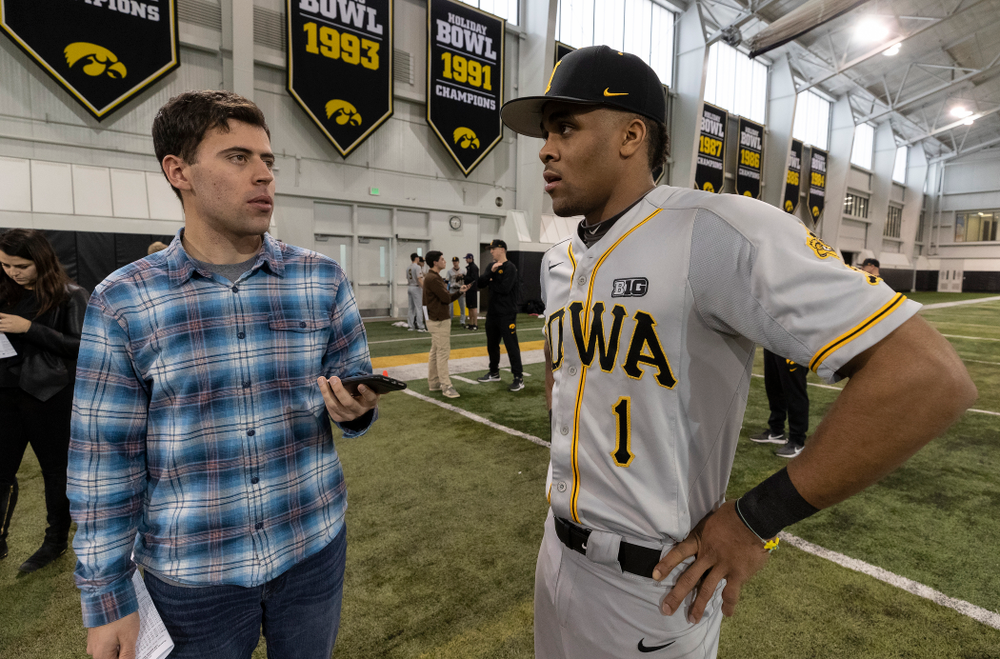 Iowa Hawkeyes infielder Lorenzo Elion (1) answers questions from reporters during the team's annual media day Tuesday, February 5, 2019 in the Indoor Practice Facility. (Brian Ray/hawkeyesports.com)