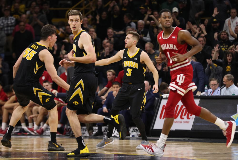 Iowa Hawkeyes guard Jordan Bohannon (3) and forward Luka Garza (55) against the Indiana Hoosiers Friday, February 22, 2019 at Carver-Hawkeye Arena. (Brian Ray/hawkeyesports.com)