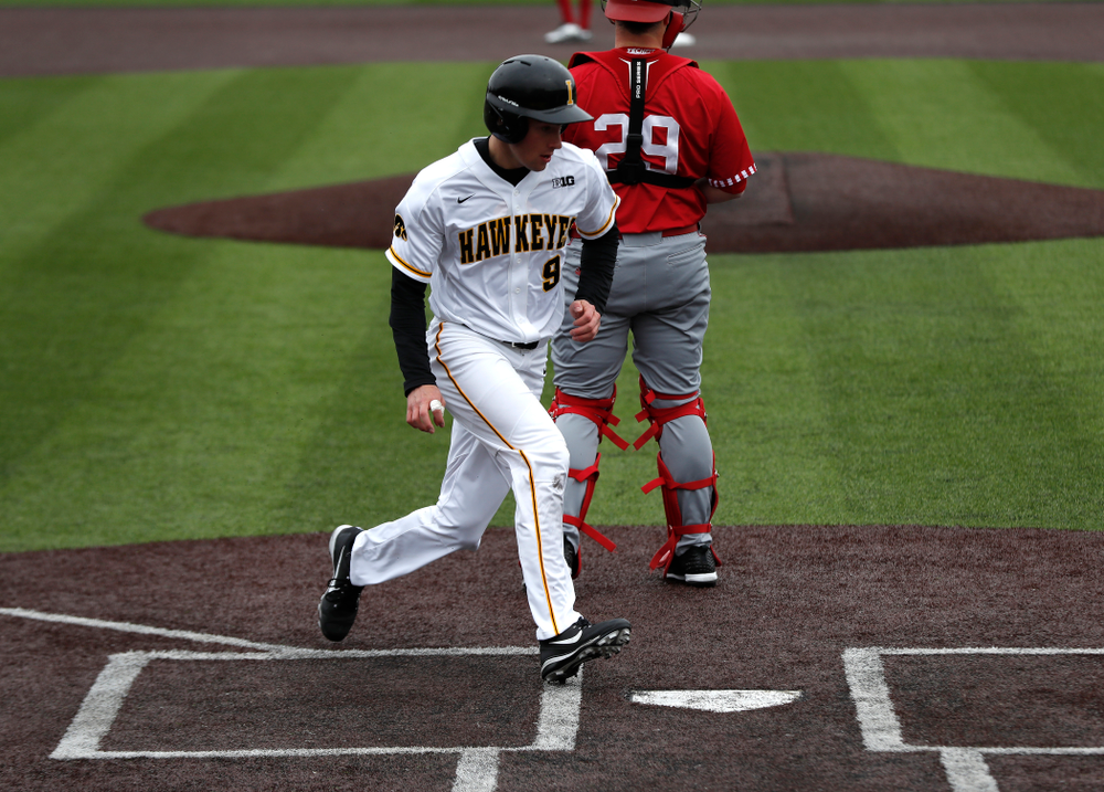 Iowa Hawkeyes outfielder Ben Norman (9) during a double header against the Indiana Hoosiers Friday, March 23, 2018 at Duane Banks Field. (Brian Ray/hawkeyesports.com)