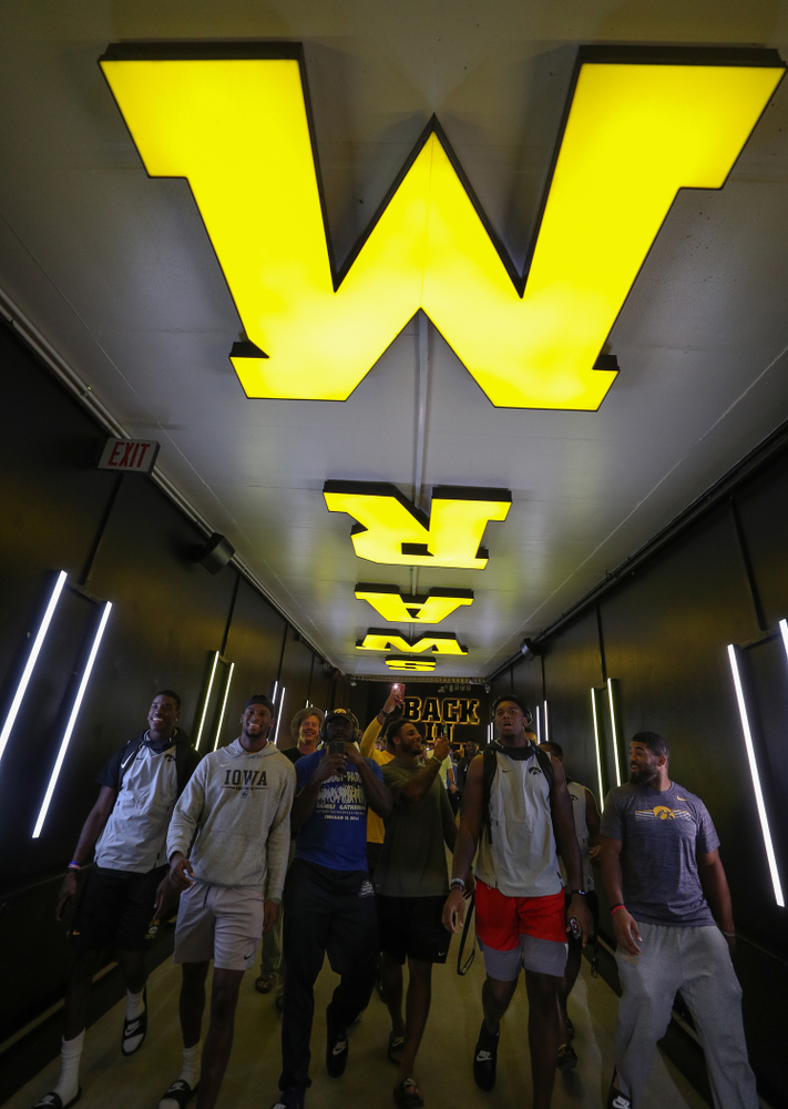 The Hawkeye Football Team sees the updates to their entrance tunnel at Kinnick Stadium for the first time Thursday, August 22, 2019 in Iowa City. (Brian Ray/hawkeyesports.com)