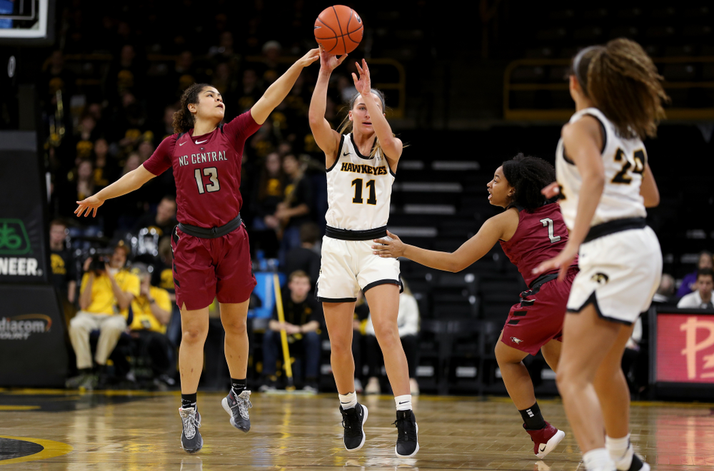 Iowa Hawkeyes guard Megan Meyer (11) against North Carolina Central Saturday, December 14, 2019 at Carver-Hawkeye Arena. (Brian Ray/hawkeyesports.com)
