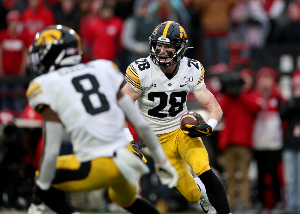 Iowa Hawkeyes defensive back Jack Koerner (28) intercepts a pass against the Nebraska Cornhuskers Friday, November 29, 2019 at Memorial Stadium in Lincoln, Neb. (Brian Ray/hawkeyesports.com)
