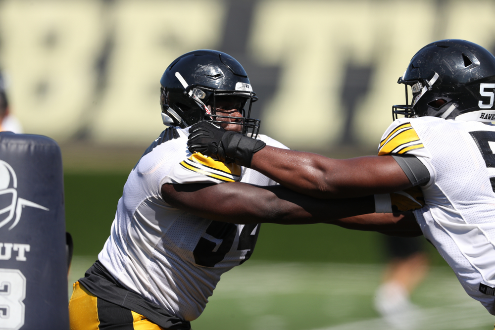 Iowa Hawkeyes defensive tackle Daviyon Nixon (54) during Fall Camp Practice No. 5 Tuesday, August 6, 2019 at the Ronald D. and Margaret L. Kenyon Football Practice Facility. (Brian Ray/hawkeyesports.com)