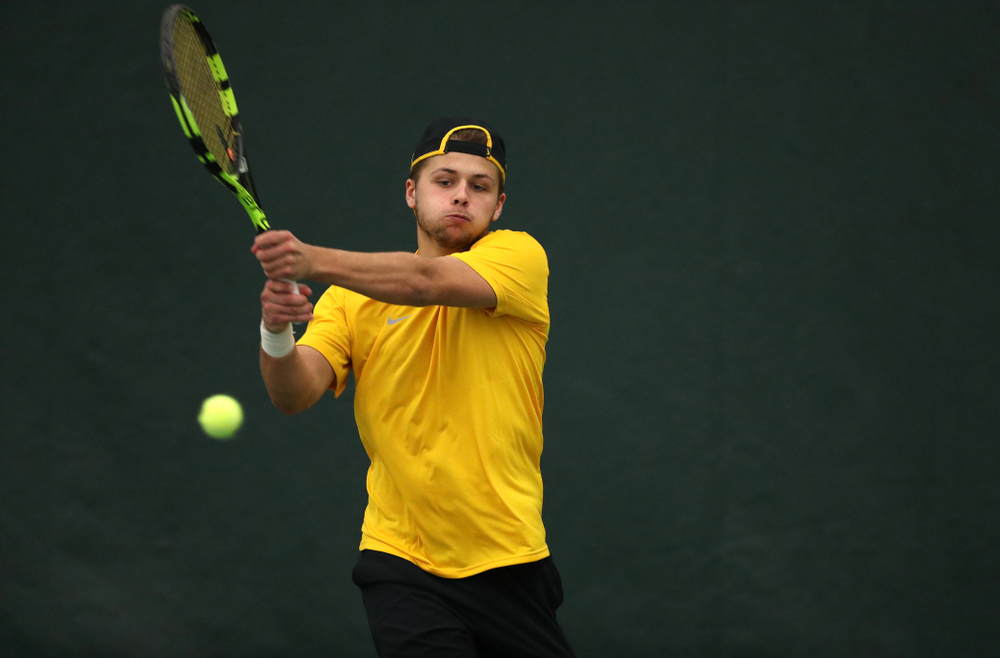 Will Davies against the Butler Bulldogs Sunday, January 27, 2019 at the Hawkeye Tennis and Recreation Complex. (Brian Ray/hawkeyesports.com)