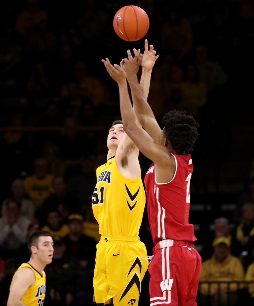 Iowa Hawkeyes forward Nicholas Baer (51) against the Wisconsin Badgers Friday, November 30, 2018 at Carver-Hawkeye Arena. (Brian Ray/hawkeyesports.com)