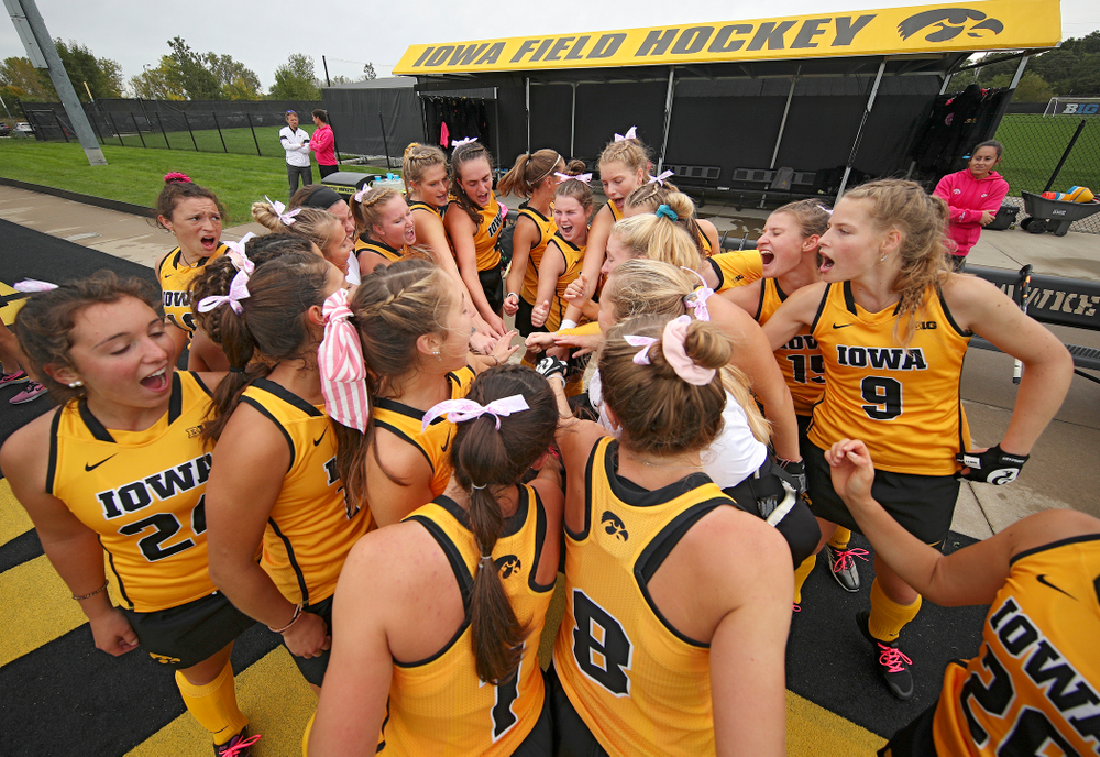 The Iowa Hawkeyes huddle before their game against UC Davis at Grant Field in Iowa City on Sunday, Oct 6, 2019. (Stephen Mally/hawkeyesports.com)