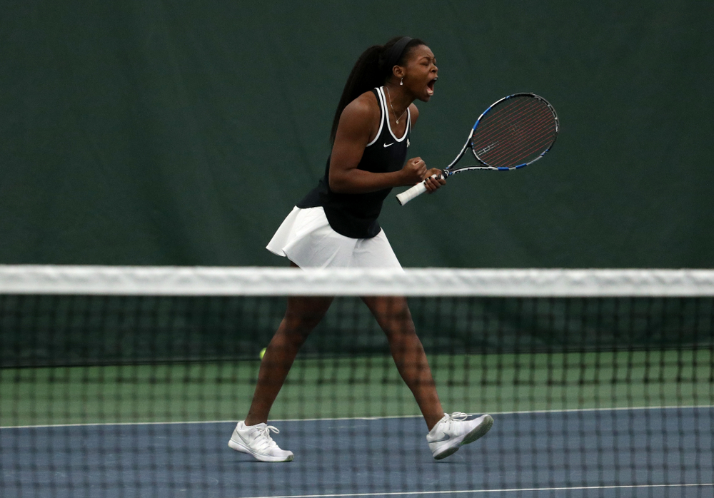Iowa's Adorabol Huckleby during a doubles match against North Texas Sunday, January 20, 2019 at the Hawkeye Tennis and Recreation Center. (Brian Ray/hawkeyesports.com)