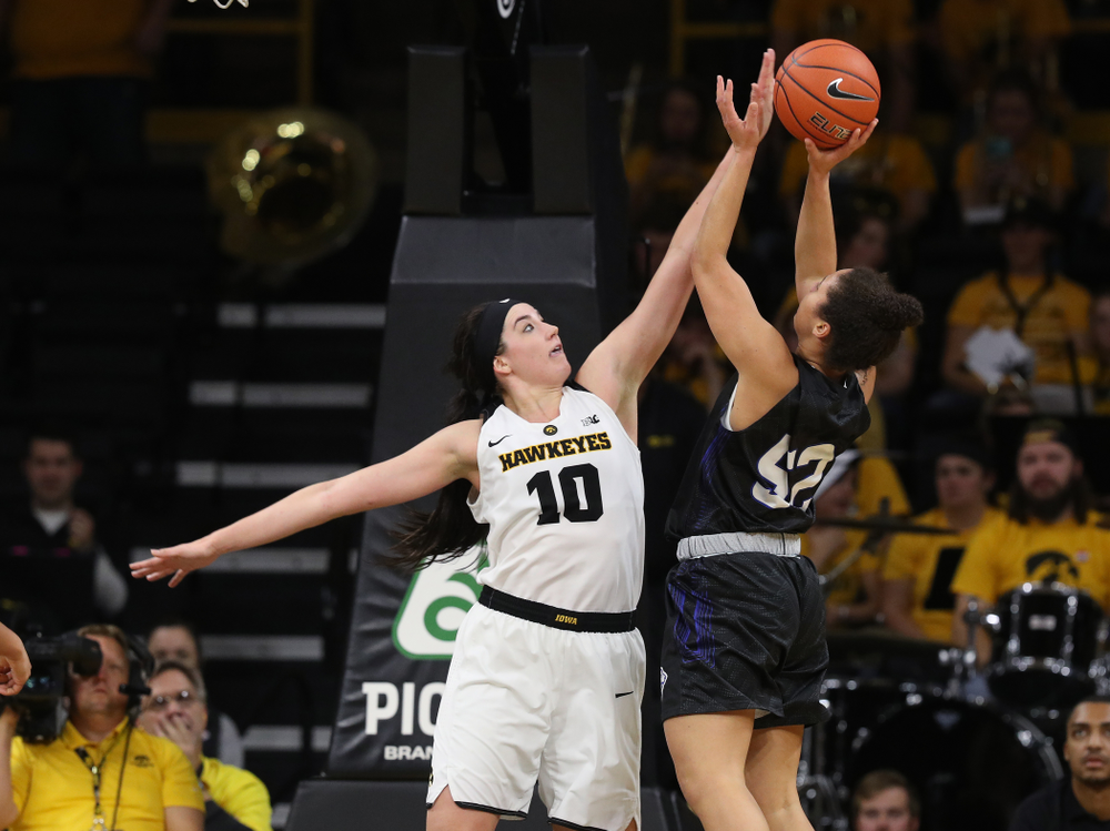 Iowa Hawkeyes forward Megan Gustafson (10) against Dakota Wesleyan University Tuesday, November 6, 2018 at Carver-Hawkeye Arena. (Brian Ray/hawkeyesports.com)